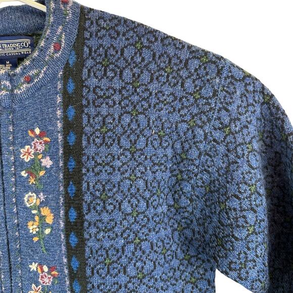 Newton Trading Co Blue Floral Shetland Wool Zip Sweater Womens Medium Grandma - Picture 4 of 16